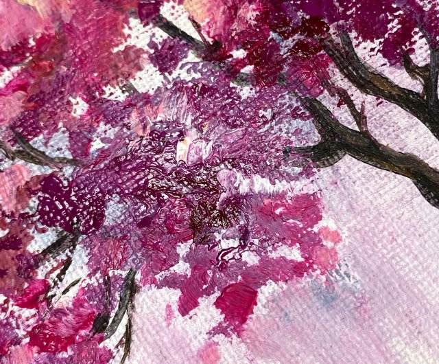 桜の絵画 オリジナル油絵 山の風景 川の絵画 桜 - ショップ AsheArt ポスター・絵 - Pinkoi