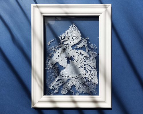daashart N5 Abstract mountains Monotype print Light blue white silver Holiday winter art