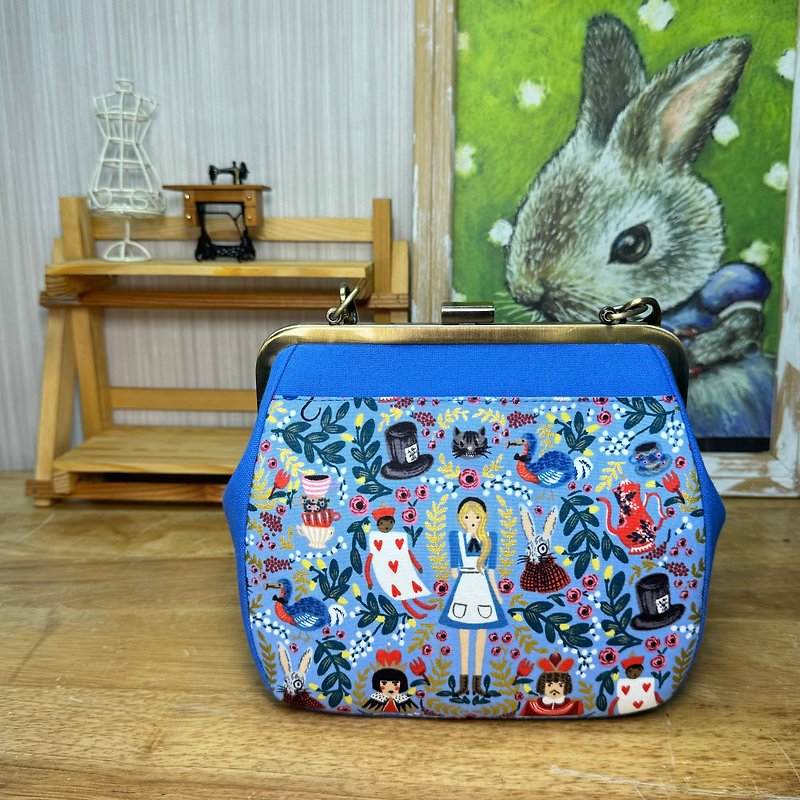 Light Blue Fantasy Alice Gold Crossbody Bag/ Kiss Lock Bag - Messenger Bags & Sling Bags - Cotton & Hemp Multicolor