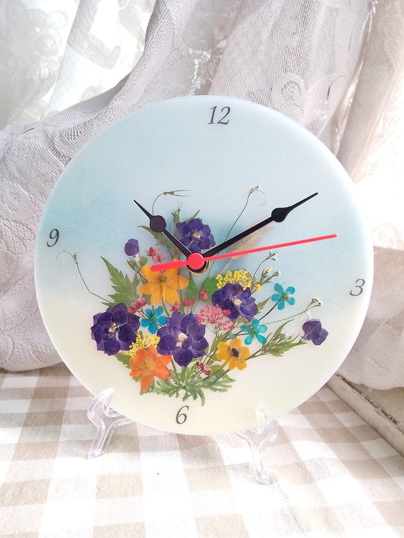 アニスワークショップハッピーハンドメイドの花時計、バスケットカラー千鳥の花時計（アクリル版） - 時計 - アクリル ブルー