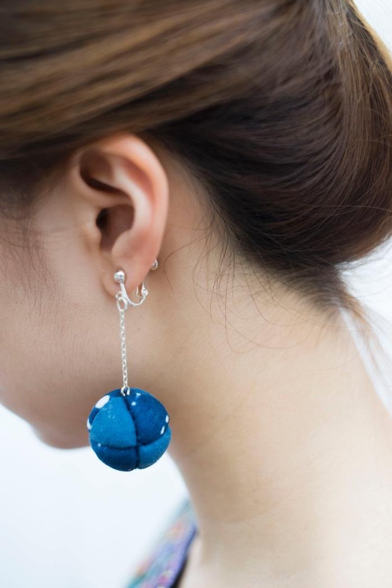 Christmas New Year gift river temari ball earrings handmade batik blue dye denim art gift fete - Earrings & Clip-ons - Cotton & Hemp 