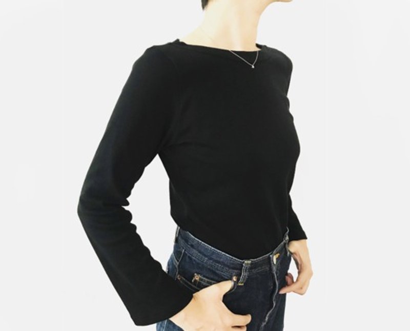 形にこだわった 大人のスリットスリーブ ボートネックTシャツ【サイズ・色展開有り】 - 女上衣/長袖上衣 - 棉．麻 黑色