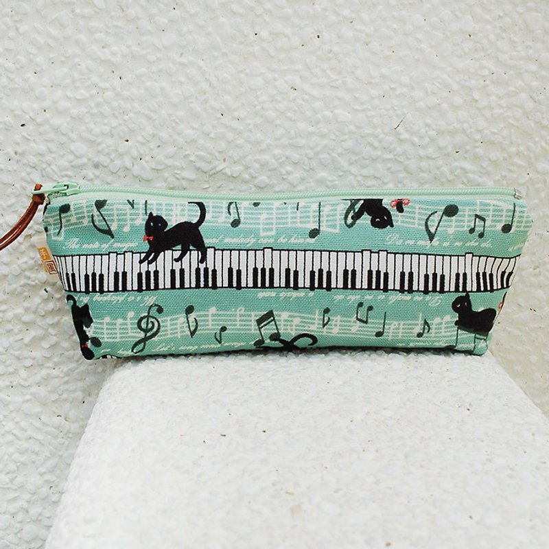 Piano black cat _ green wide-bottom pencil bag / order - Pencil Cases - Cotton & Hemp Green