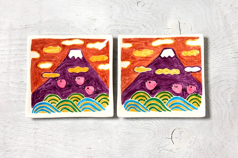 富士山と波千鳥とオレンジ色の空・四角皿 - 小皿 - 磁器 オレンジ