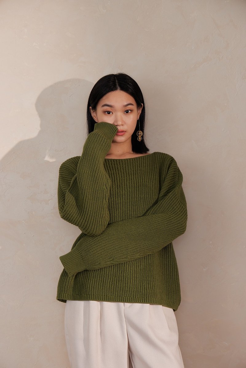 Life Experiment Knitted Back V Top – Greenery - Women's Sweaters - Cotton & Hemp Green