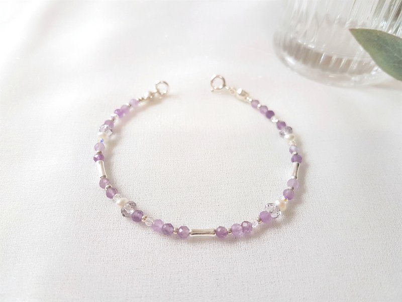紫丁香 ‧ 紫水晶 珍珠 水晶 純銀 細手環 二月誕生石 - 手鍊/手環 - 水晶 紫色