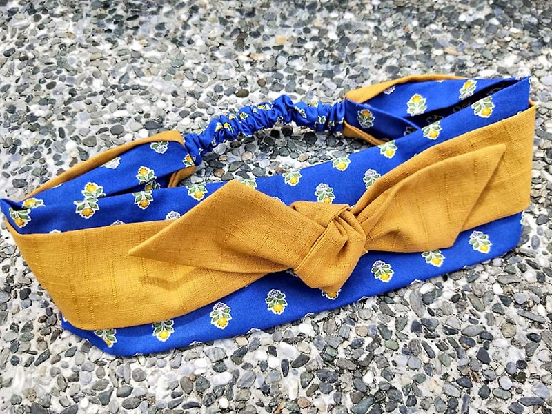 Double-layered headband (elastic/tie)-royal blue flower/dark yellow - เครื่องประดับผม - ผ้าฝ้าย/ผ้าลินิน หลากหลายสี