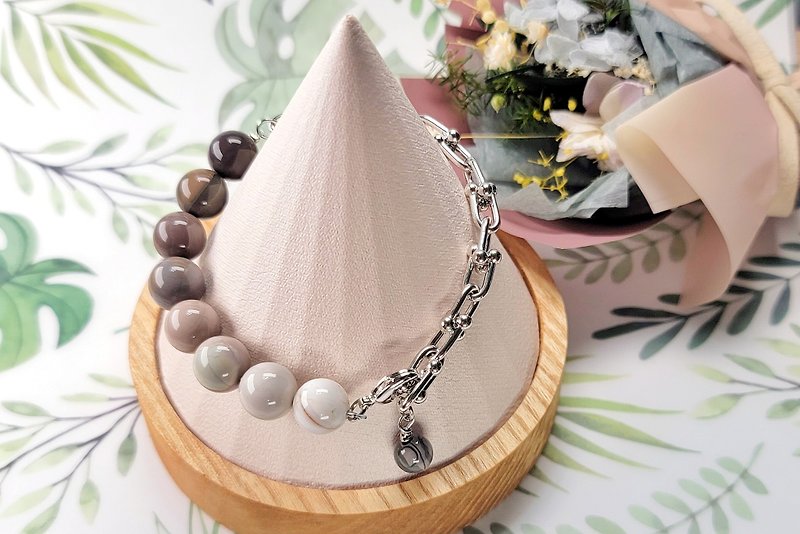 Natural stone Alxa agate design Morandi white K gold blessing lucky bracelet gift - Bracelets - Semi-Precious Stones 
