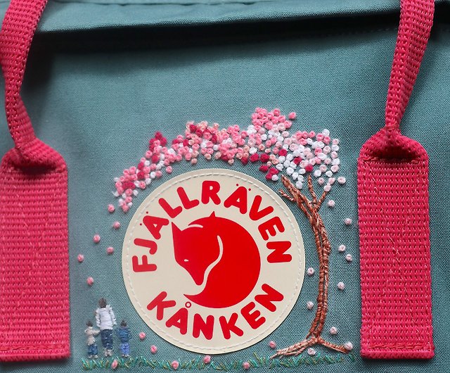 Mother and child under the cherry blossom tree -cherry tree -frost green pink belt kanken - Shop Kuanai Backpacks Pinkoi