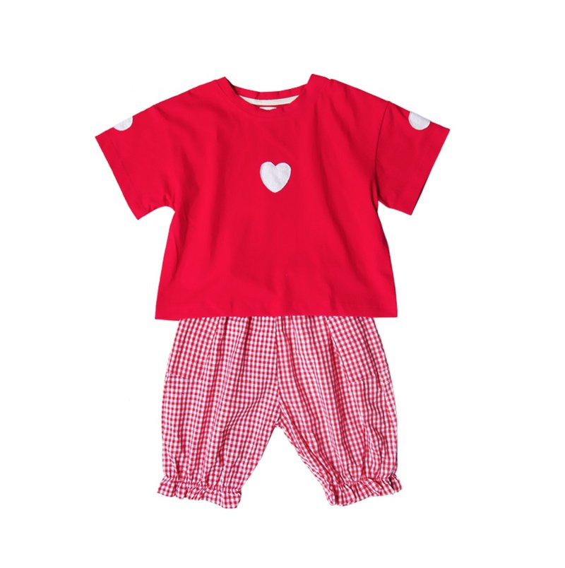 童裝-心心紅色T恤 T-shirt / 紅色碎格紋長褲- imakokoni kids - 男/女童裝 - 棉．麻 白色
