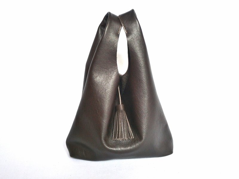 Soft Leather Mini Hobo with Tassel / Leather Bag in Dark Brown - Handbags & Totes - Genuine Leather Brown