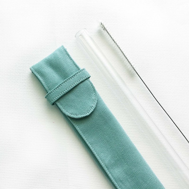 單人有機棉玻璃細吸管組/深藍綠/可展開/好清洗 - 環保吸管 - 棉．麻 藍色