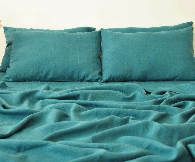 シーツ　グリーン エメラルドグリーンリネンシーツセット / フラット+ボックス