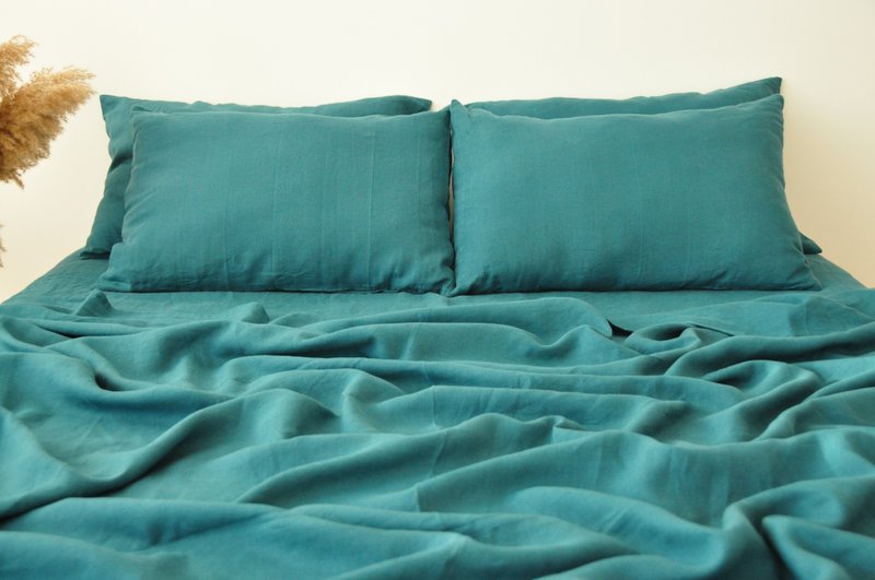 Teal linen sheet set / Flat+fitted sheet+2 pillowcases / Blue bedding - เครื่องนอน - ลินิน สีน้ำเงิน