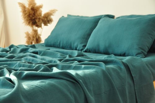 シーツ　グリーン エメラルドグリーンリネンシーツセット / フラット+ボックス