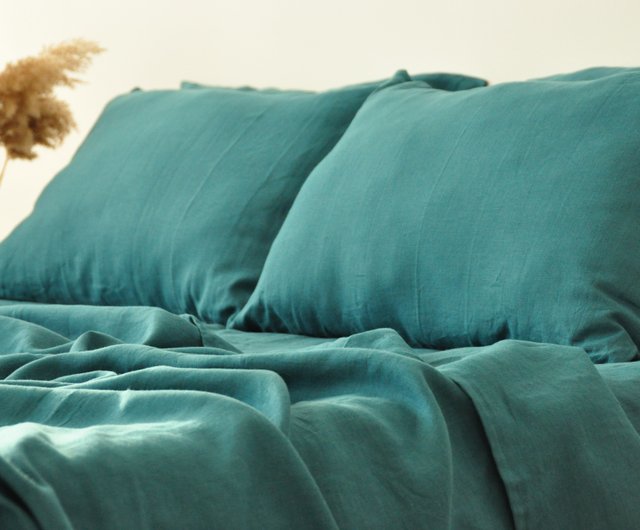 エメラルドグリーンリネンシーツセット / フラット+ボックスシーツ+枕