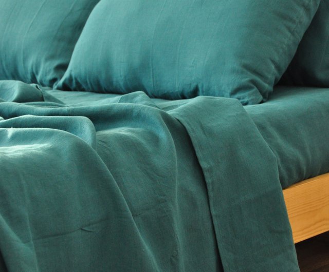 エメラルドグリーンリネンシーツセット / フラット+ボックスシーツ+枕
