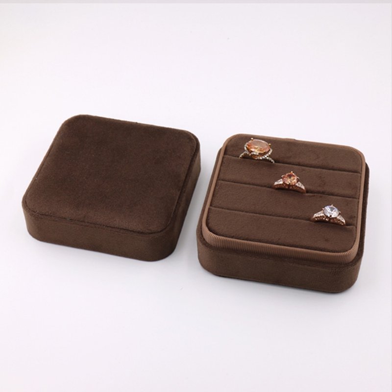 3 rows of 9 rings storage box travel carrying brown jewelry box - กล่องเก็บของ - ผ้าฝ้าย/ผ้าลินิน 