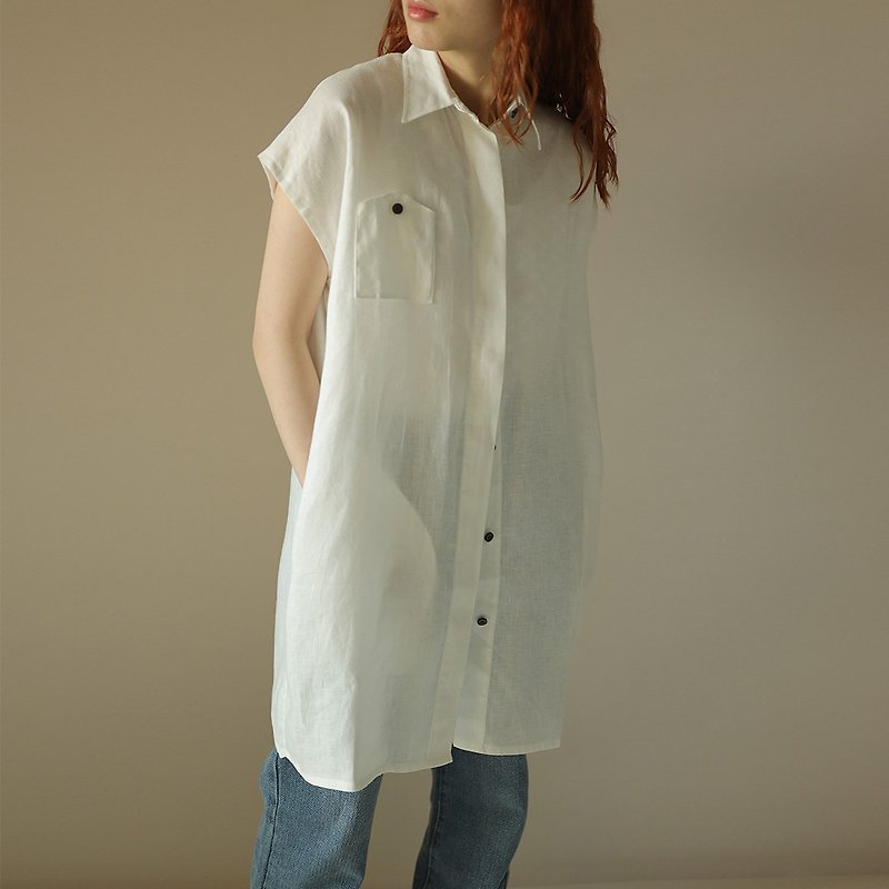 Linen Summer Short Sleeve Shirt Dress - เสื้อเชิ้ตผู้หญิง - ผ้าฝ้าย/ผ้าลินิน 