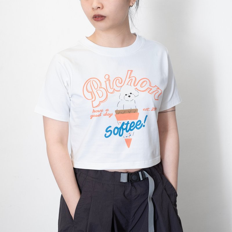 【GOOD DAY】比熊軟雪糕圖案女裝短Tee (ZT1460) - 女上衣/長袖上衣 - 棉．麻 白色