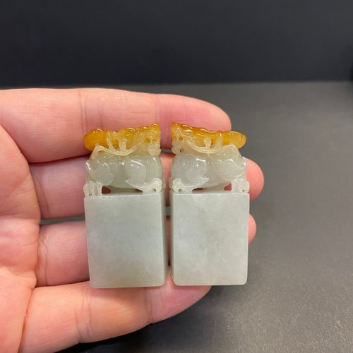 元元圓滾滾 水晶手鍊 瀚玉珠寶 天然翡翠 蜜糖黃貔貅印章一對 對章 緬甸玉印章 黃翡印