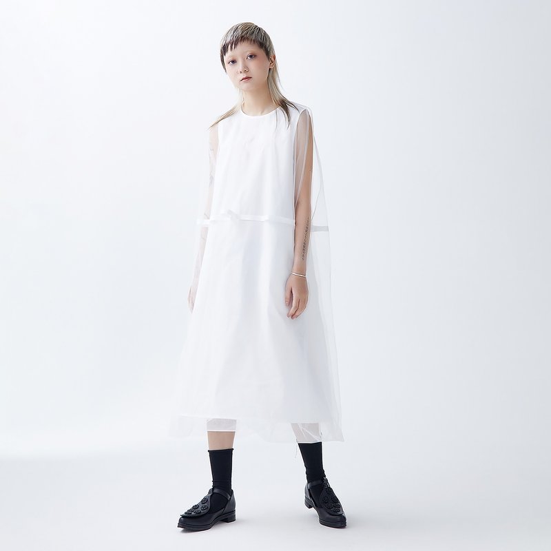 層疊透紗無袖洋裝 - 洋裝/連身裙 - 棉．麻 白色