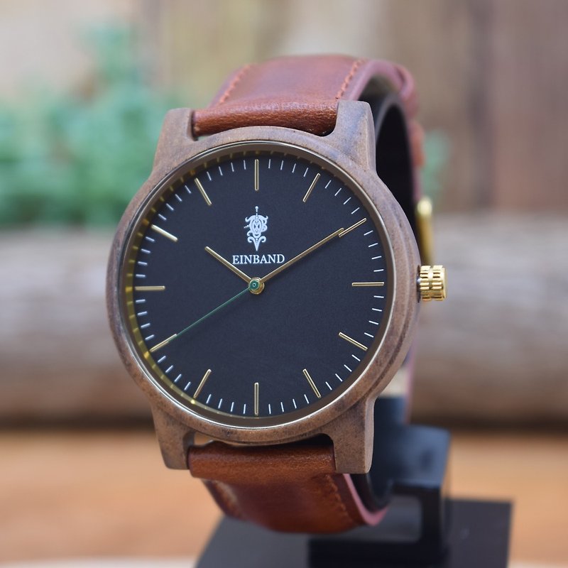 EINBAND Glanz BLACK 40mm Wooden Watch Brown Leather Belt - นาฬิกาผู้ชาย - ไม้ สีนำ้ตาล