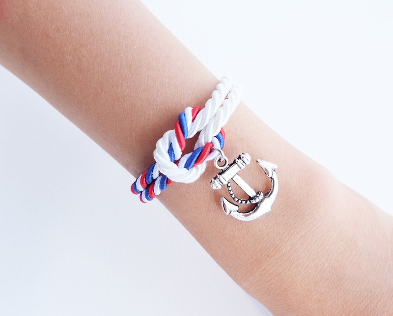 White/Tri color knot rope bracelet with anchor charm - Bracelets - Paper Blue