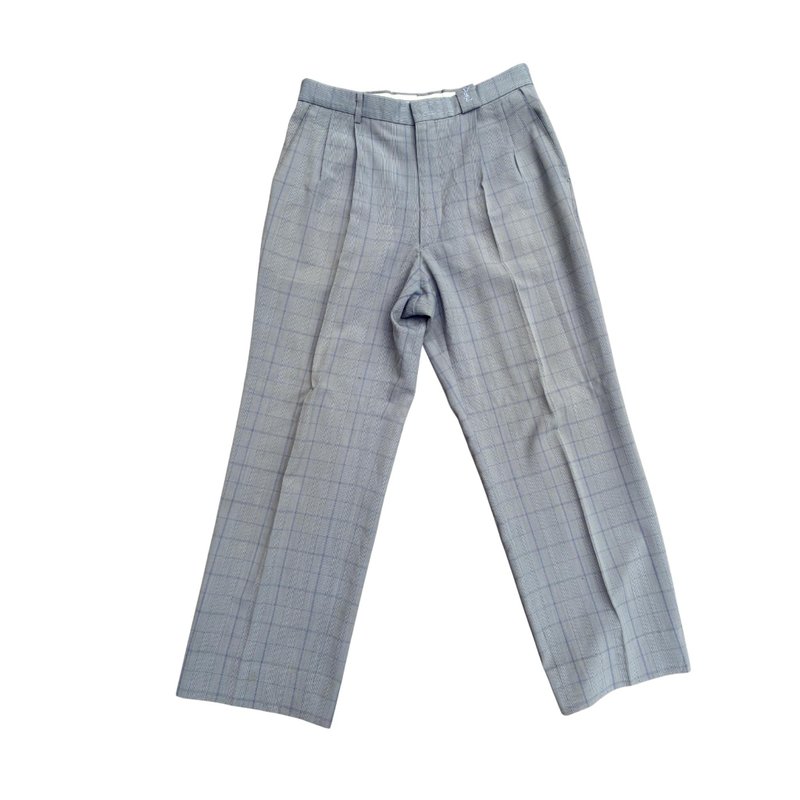 Vintage Yves Saint Laurent Diffusion Hommes Grey Plaid Pleated Dress Pants - กางเกงขายาว - ผ้าฝ้าย/ผ้าลินิน สีเทา
