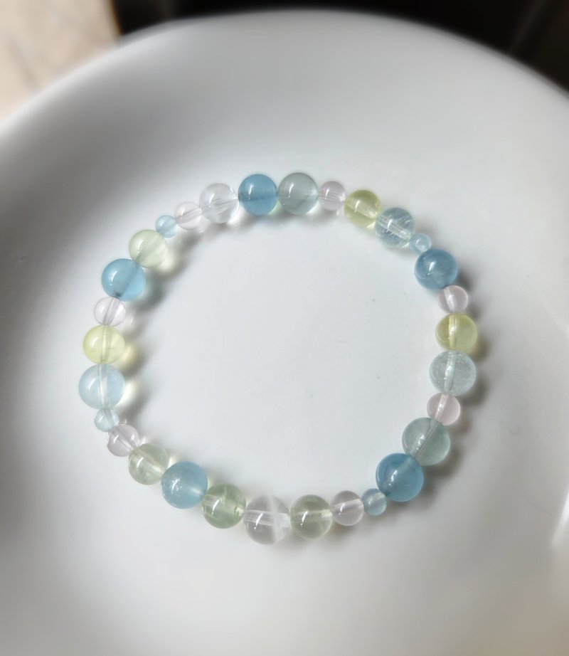 粉晶 海藍寶 白幽靈 葡萄石 淡藍螢石 水晶手鍊 - 手鍊/手環 - 寶石 藍色
