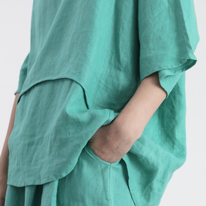 【現貨】純亞麻結構上衣 綠色 - 女上衣/長袖上衣 - 棉．麻 綠色