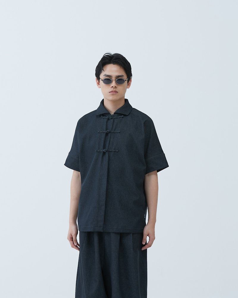 Black Denim Button Up Shirt - เสื้อเชิ้ตผู้ชาย - ผ้าฝ้าย/ผ้าลินิน สีดำ