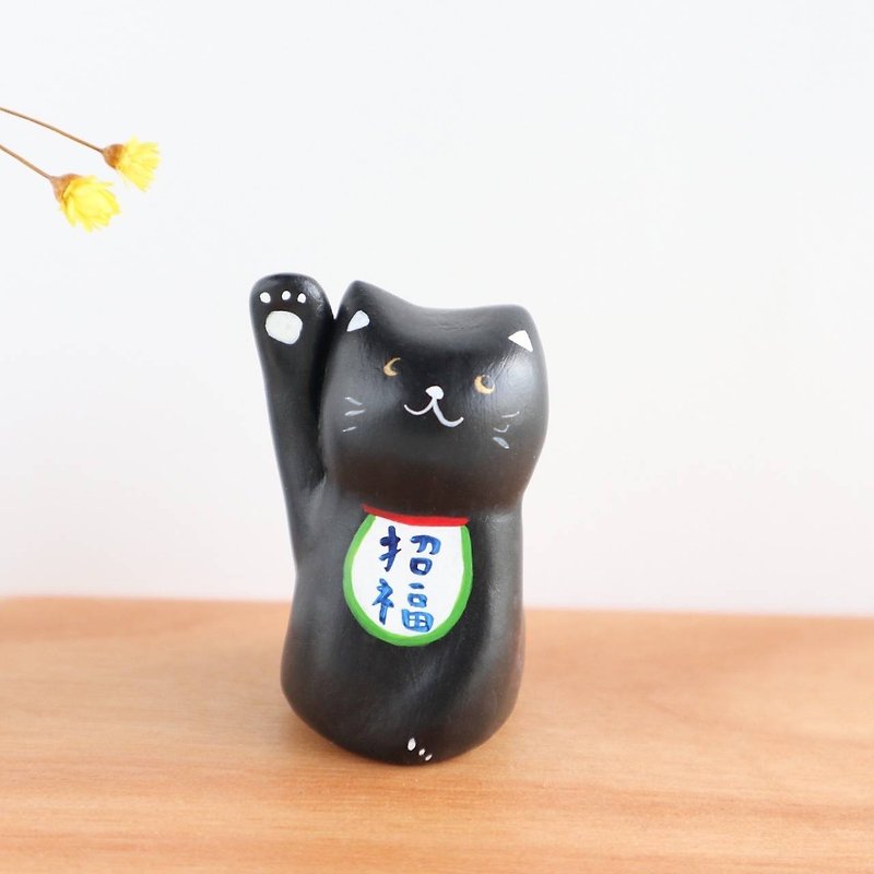 black beckoning cat figurine,manekineko - ของวางตกแต่ง - ดินเหนียว สีดำ