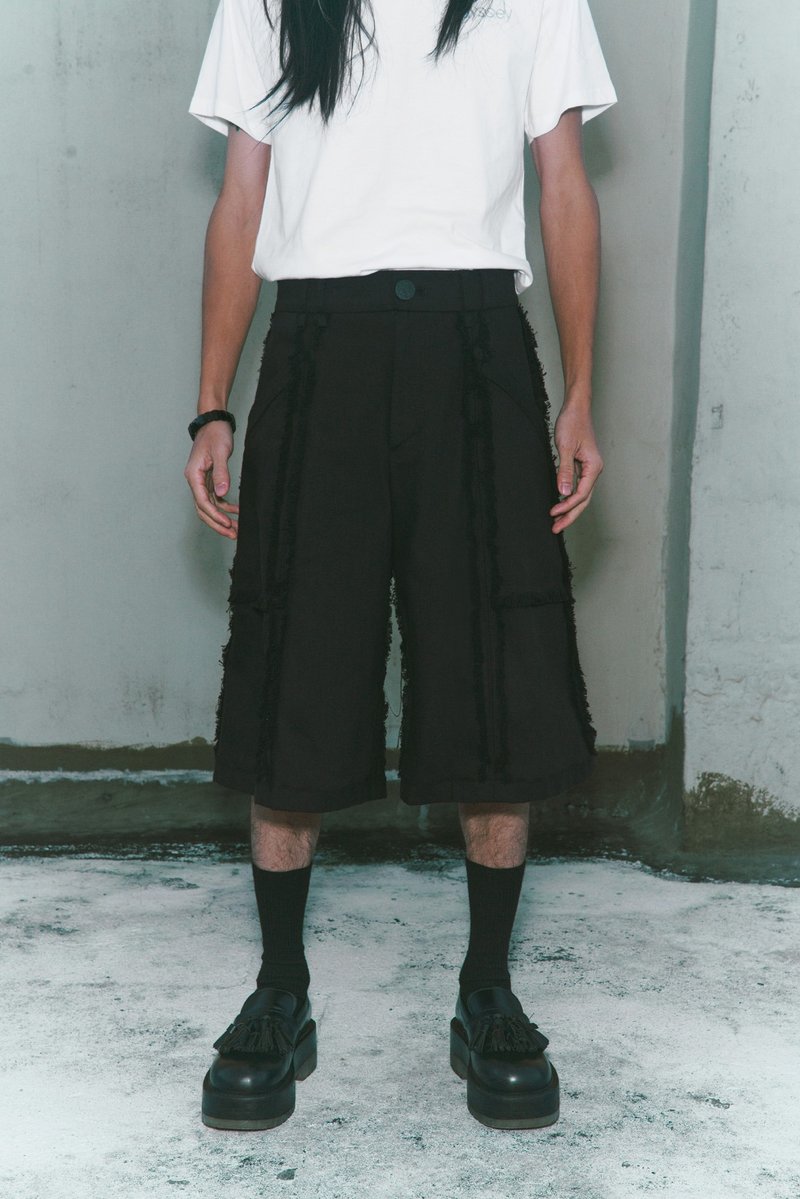 raw edge irregular short wide trousers - Men's Shorts - Cotton & Hemp Black