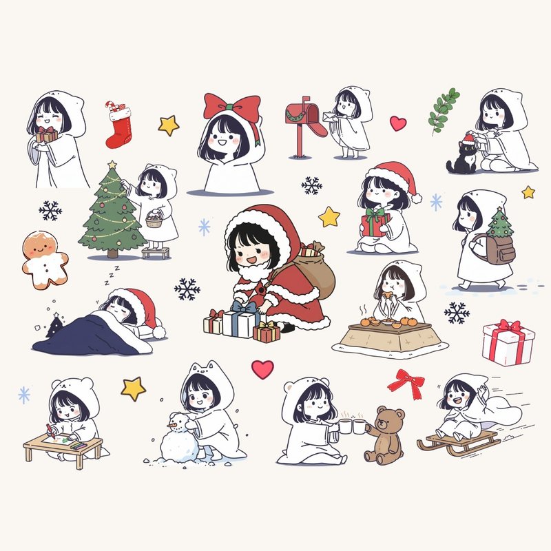 かわいいチビガールのクリスマスクリップアート 冬の女の子PNGセット PNG47点 コラージュ素材・コラージュシート・手帳・ジャーナリング・デジタルステッカー - 似顔絵・イラスト・挿絵 - その他の素材 