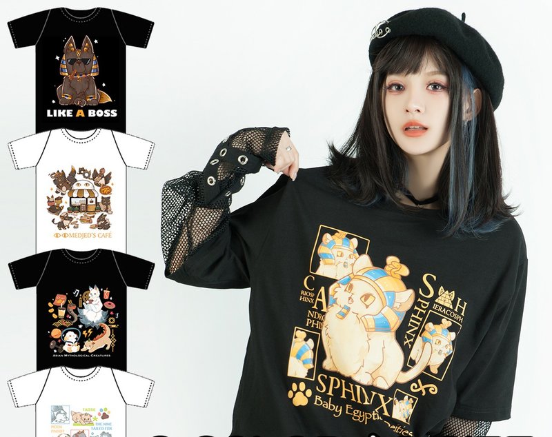 香港のオリジナルイラストレーター、ゴマエジプト神ベビー神獣パーティーゆったり半袖Tシャツ【JJ4057】 - Tシャツ メンズ - コットン・麻 