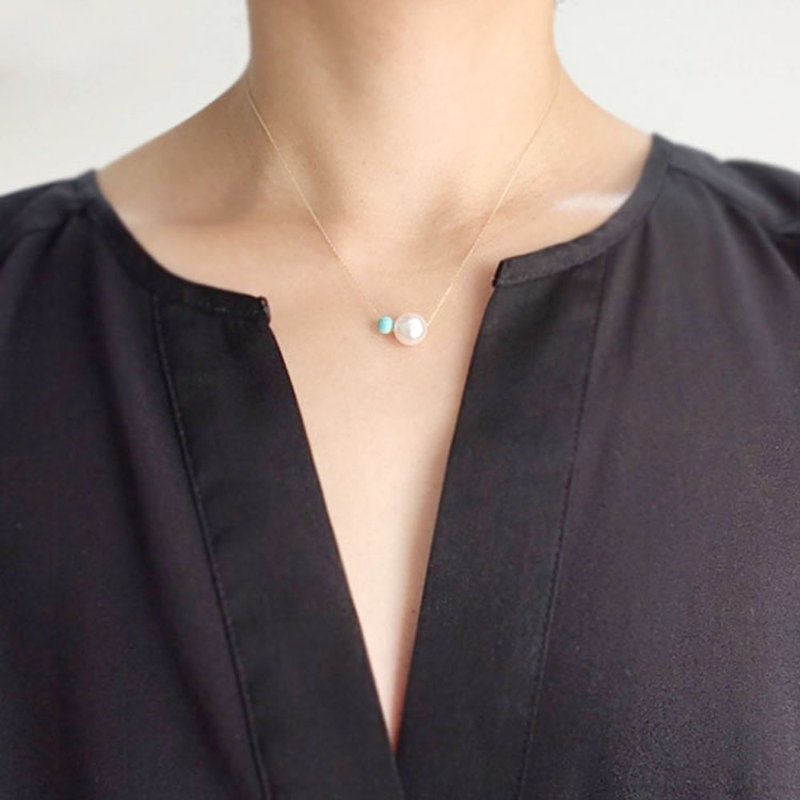 K10YG Akoya Pearl and Turquoise Necklace - 項鍊 - 珍珠 藍色