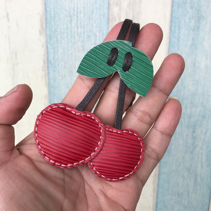Leatherprince handmade leather Taiwan MIT red cute cherry hand-stitched corrugated leather strap small size small size - Keychains - Genuine Leather Red
