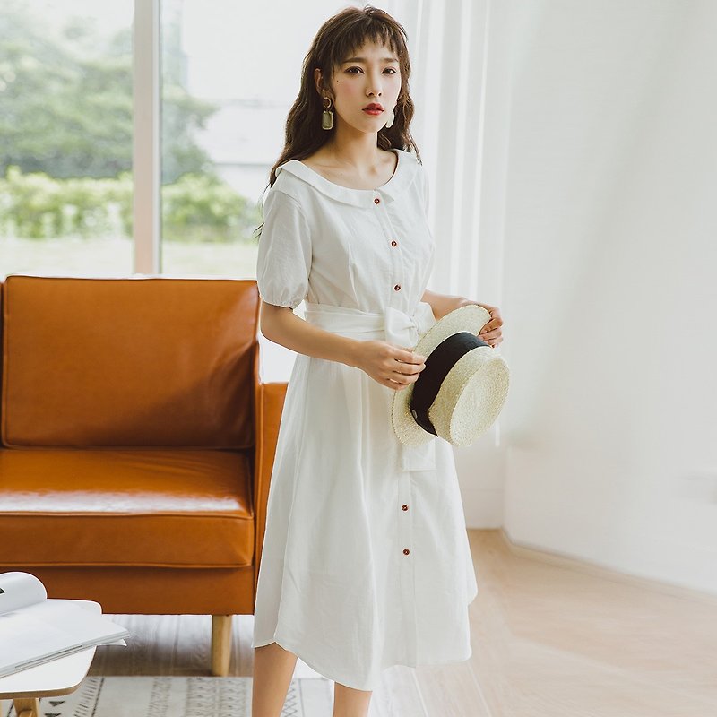 安妮陳2018夏裝新款文藝女裝純色袖口松緊連身裙洋裝 - 連身裙 - 聚酯纖維 白色