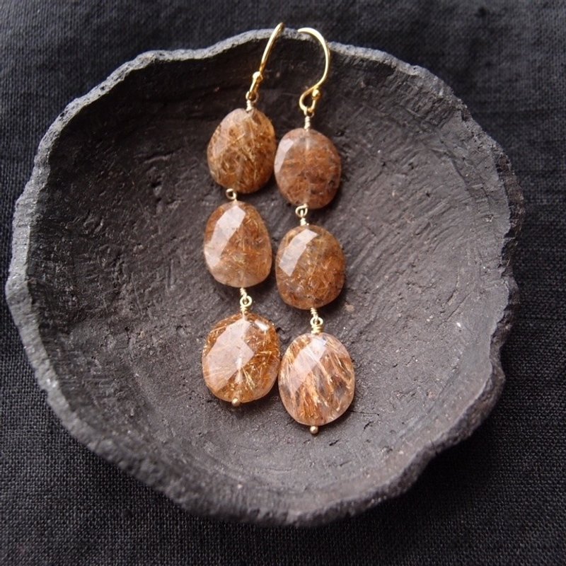 【K14gf】Copper Rutilated Quartz Earrings／コッパールチル ロングピアス - 項鍊 - 寶石 咖啡色