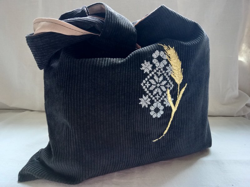 刺繡燈芯絨包 - 棕色燈芯絨包 - 手工製作 - 大型柔軟包 - 時尚 - 手提包/手提袋 - 棉．麻 咖啡色
