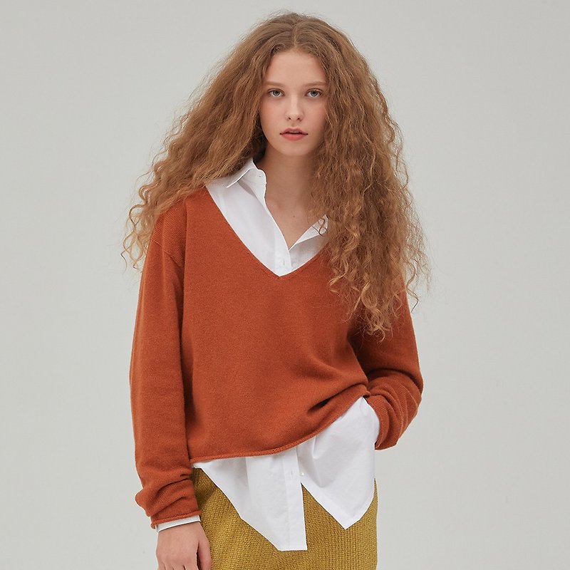 羊毛 女毛衣/針織衫 - V-neck Knit Pullover - Cinnamon