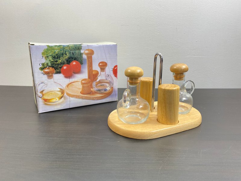 5 PC Set Oil and Vinegar, Salt and Pepper, Stand, Glass Cruets, Wooden Stoppers - Kitchen Appliances - Wood 