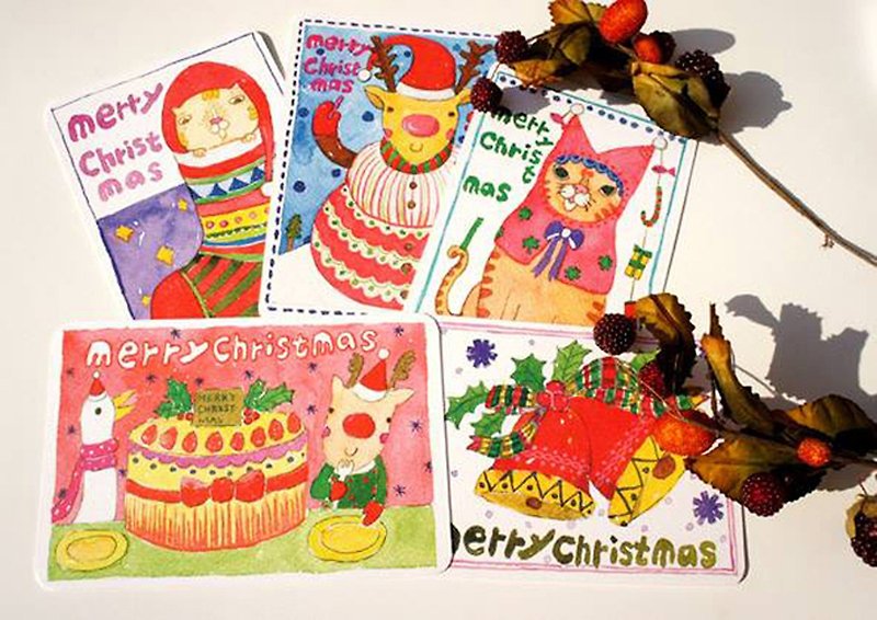 針線球 第二彈 聖誕明信片(5入) - 卡片/明信片 - 紙 紅色