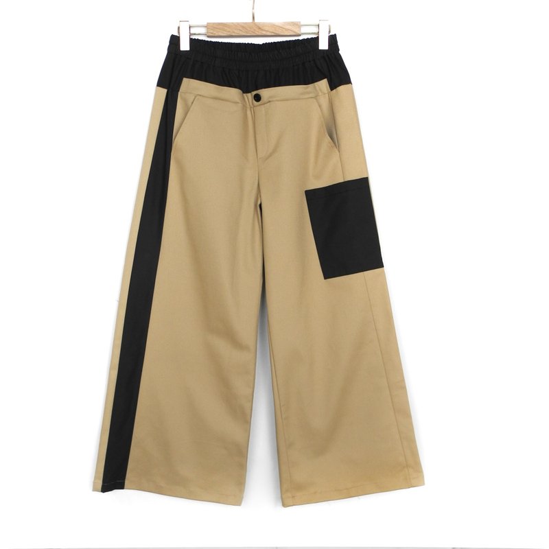 Khaki/Black Faux Two-Piece Patchwork Wide-Leg Pants #U2044 - กางเกงขายาว - ผ้าฝ้าย/ผ้าลินิน สีกากี