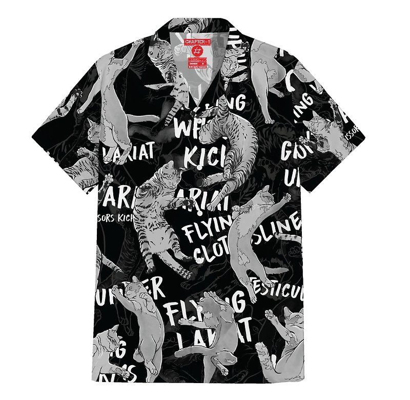 Black Cat Dancing Italain Silk Hawaii Shirt Over Size - 男襯衫/休閒襯衫 - 其他材質 白色