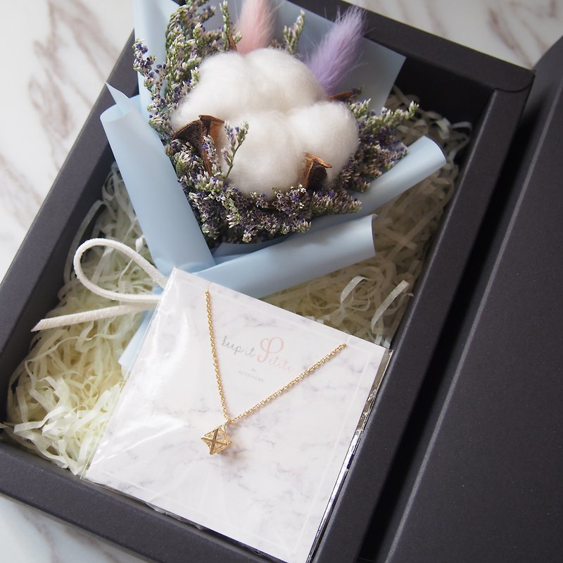 [Warm Bouquet Gift Set] Mini Dry Bouquet (Pink Blue) + [Six-Star Collar Necklace] - สร้อยคอ - โลหะ สีน้ำเงิน