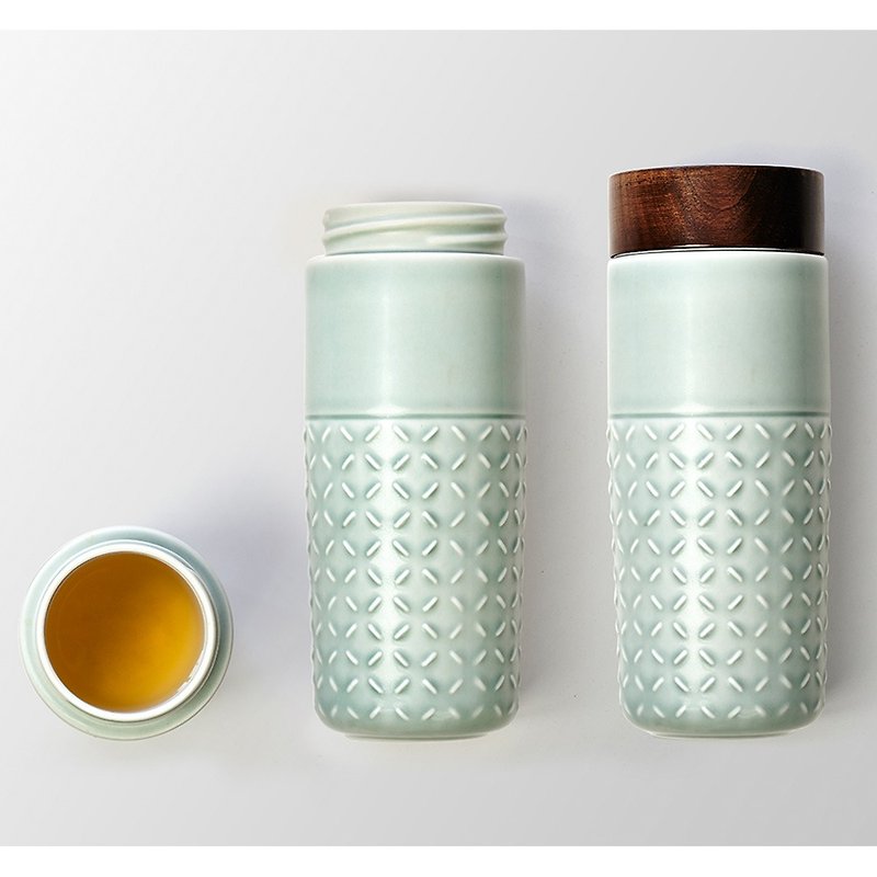 ONE O ONE Portable Cup_Fantasy Starry Sky/Large/Double-layer/Mint Green/Imitation Wood Grain Cover - กระติกน้ำ - เครื่องลายคราม 