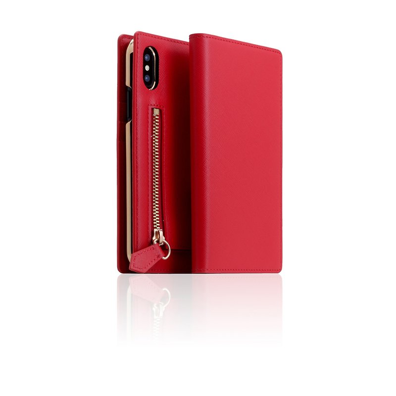 SLG Design iPhone Xs / X D5 ZIPPER 拉鍊包款 側掀真皮皮套 - 手機殼/手機套 - 真皮 紅色