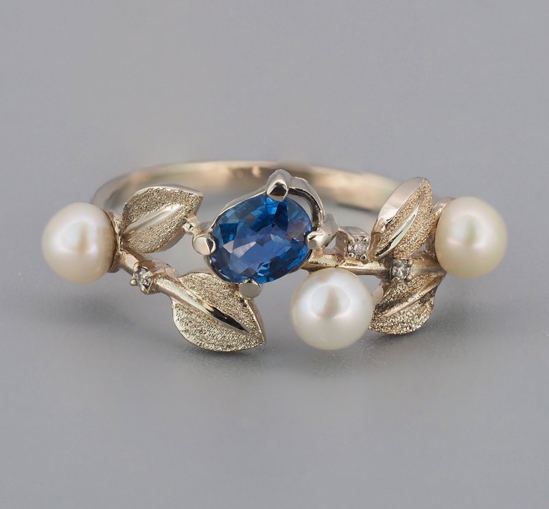 Natural floral ring with oval sapphire, diamonds and pearls - 戒指 - 貴金屬 金色